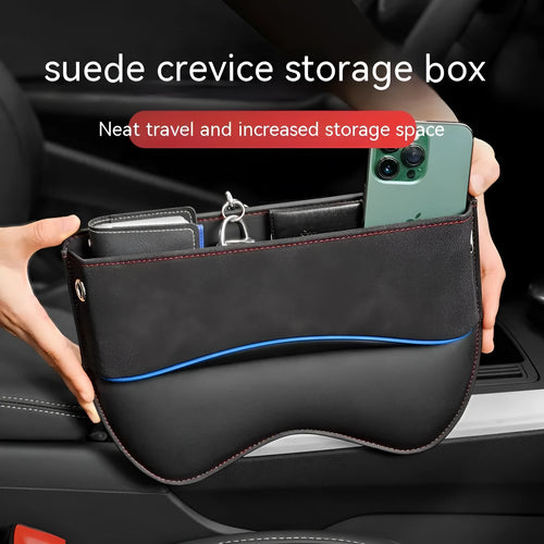 Leather car seat storage box in beige suede colour, shown on a car passenger seat.