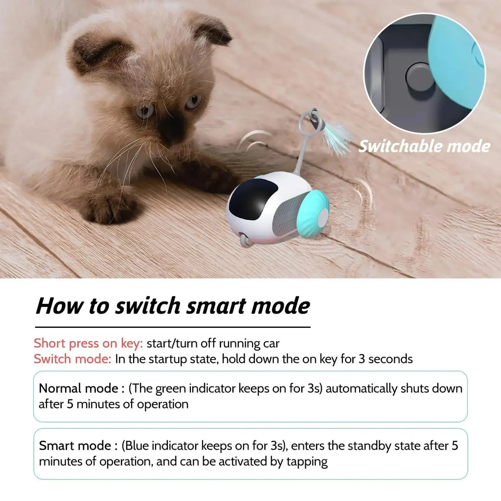 Blue smart cat toy car with feather teaser attachment and remote control on floor