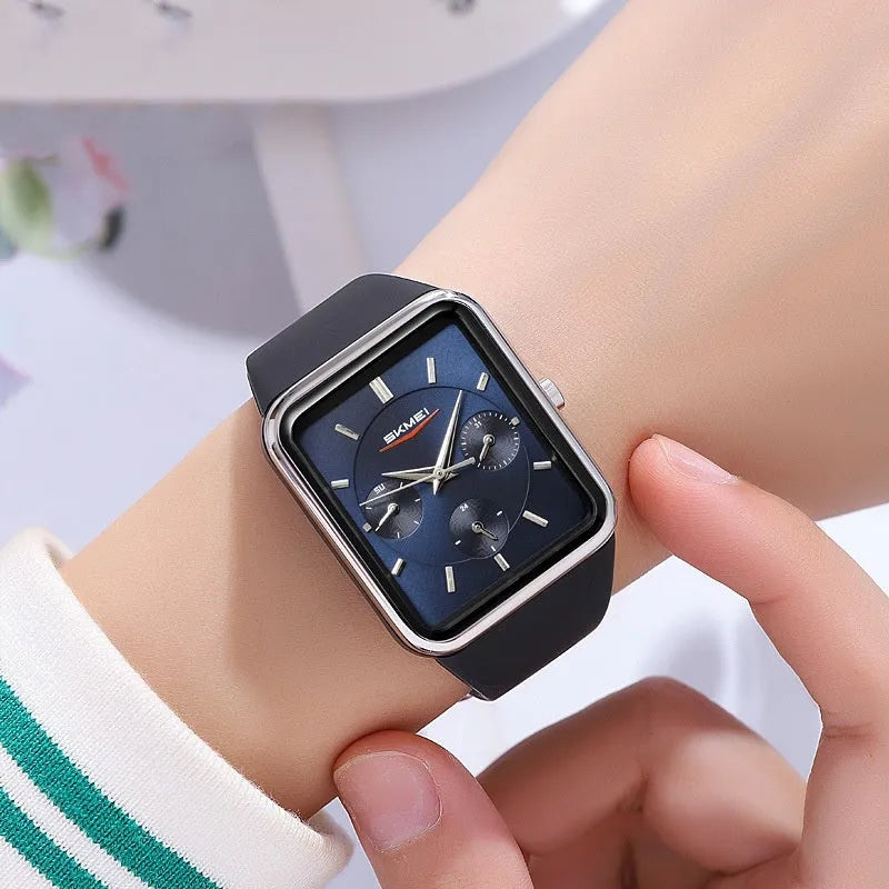 Square silicone waterproof watch for girls showing 10.8mm thickness and colour options