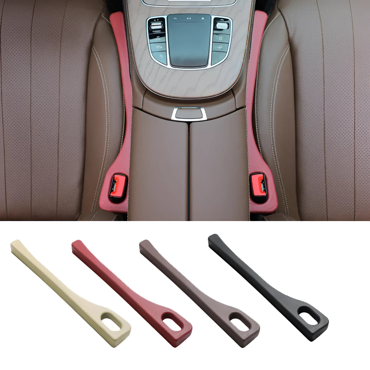 Polyurethane car seat gap filler strip in beige colour, placed between a car seat and centre console.