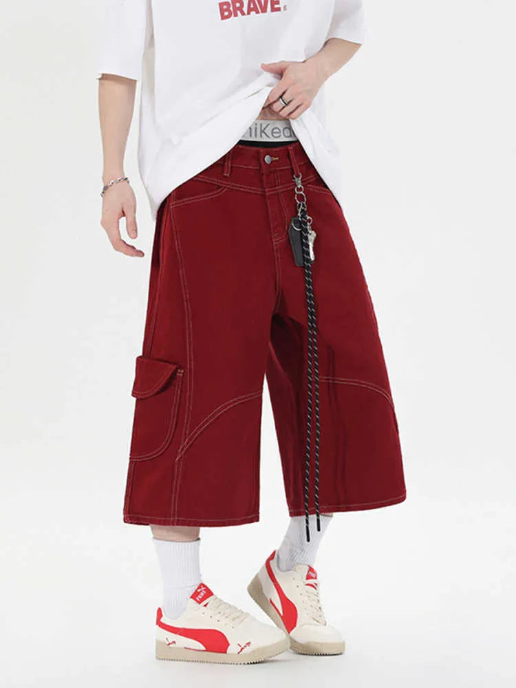 Retro multi-pocket denim cropped trousers with wide leg cut in black colour