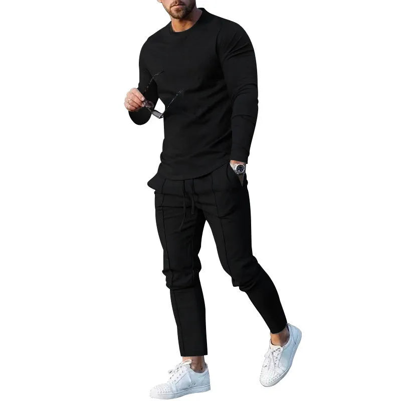 Men's solid colour polyester two-piece lounge set with long sleeve T-shirt and trousers