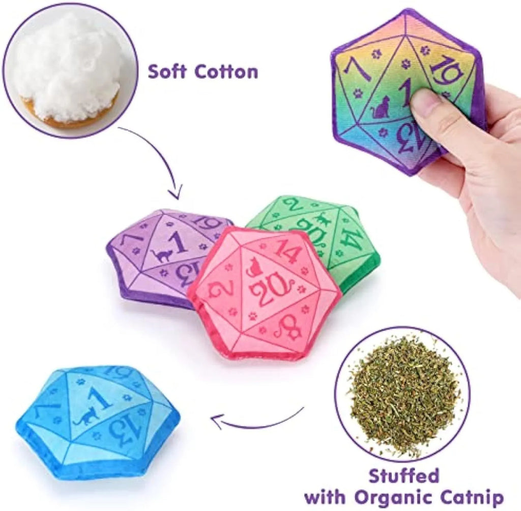 Blue dice-shaped plush cat toy with DND styling containing organic catnip for feline play