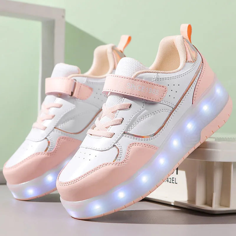 Kids' LED light-up roller skates with rechargeable wheels in pink, showing both two-wheel and four-wheel design options.