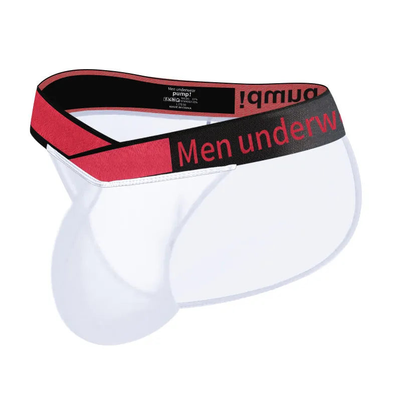 Men's transparent ice silk briefs in red, black, or white with a large V gradient front.