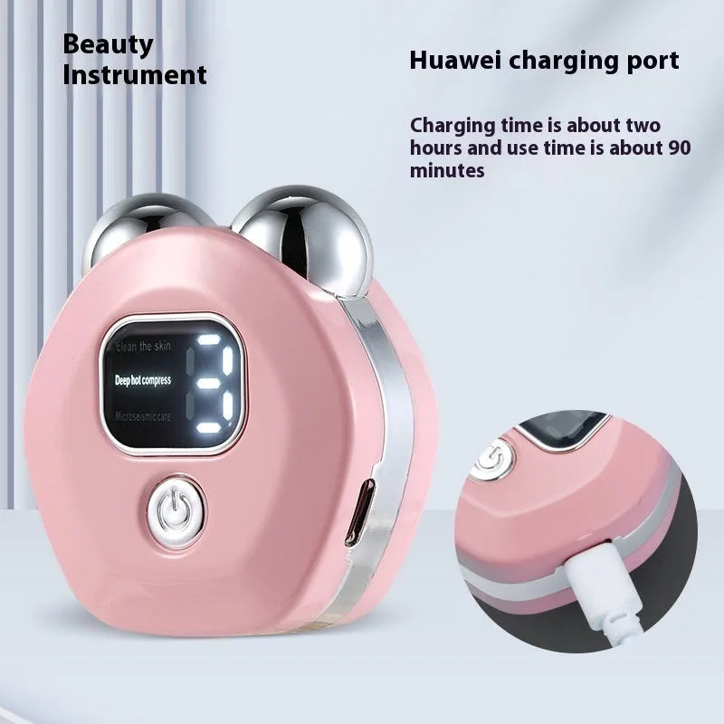 Portable hot compress charging facial massage instrument with double rollers in light blue colour