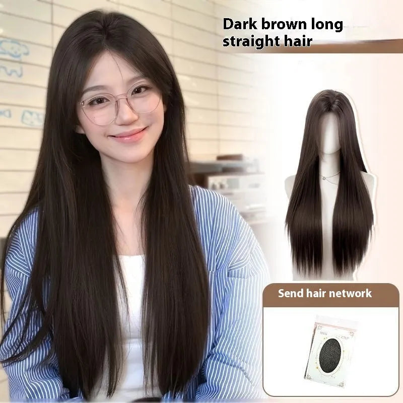 Full-head forehead lace wig in straight mid-length style with styling accessories on white background.