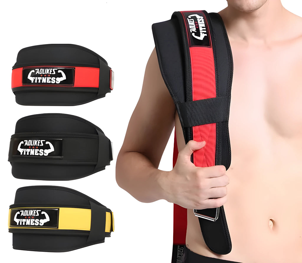 Nylon fitness weightlifting waistband in black, red, and yellow colours showing adjustable design
