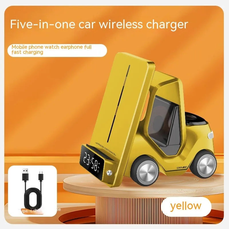 Grey, white, yellow, and orange 15W three-in-one wireless fast charging stand on a desk