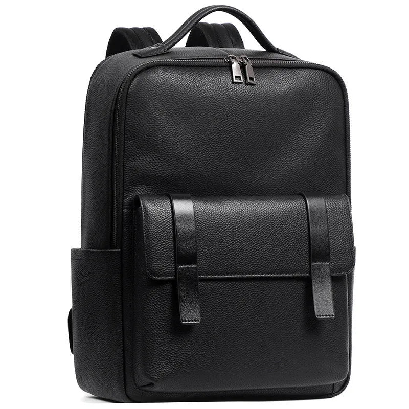 Men's large black leather computer backpack with 36-55L capacity for business and travel
