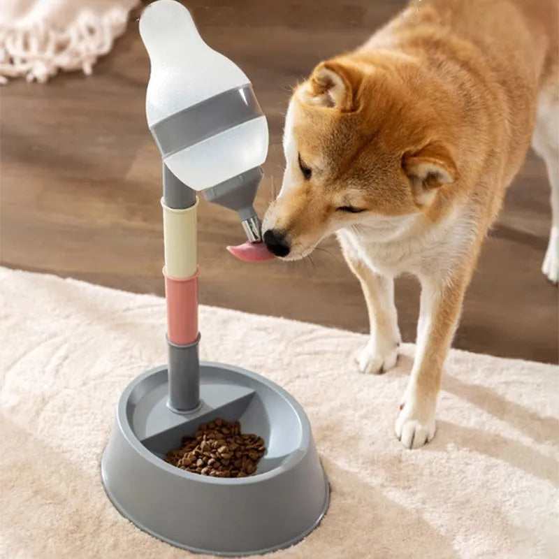 Green height-adjustable standing water dispenser for cats and dogs on a wooden floor.