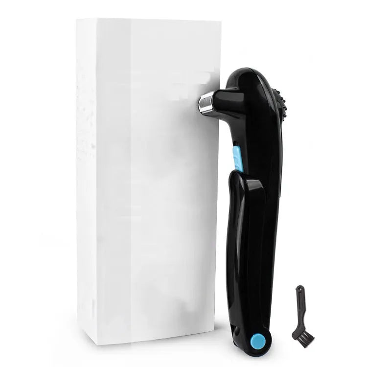 Black folding body electric shaver for dry hair removal on closed white background.