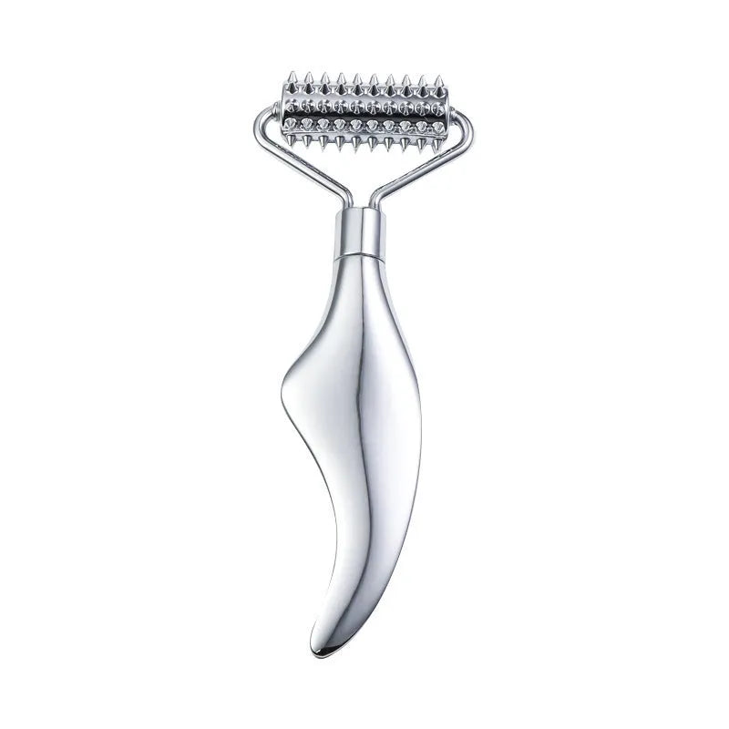 Stainless steel facial massage set showing a double-ended acupuncture pen with pointed tip and heart roller, plus a gua sha scraping plate.