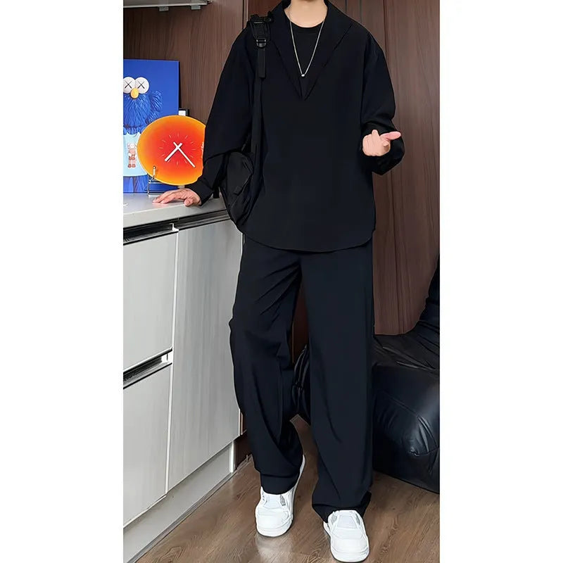Men's black long sleeve polo shirt and trousers two-piece casual suit set on hanger