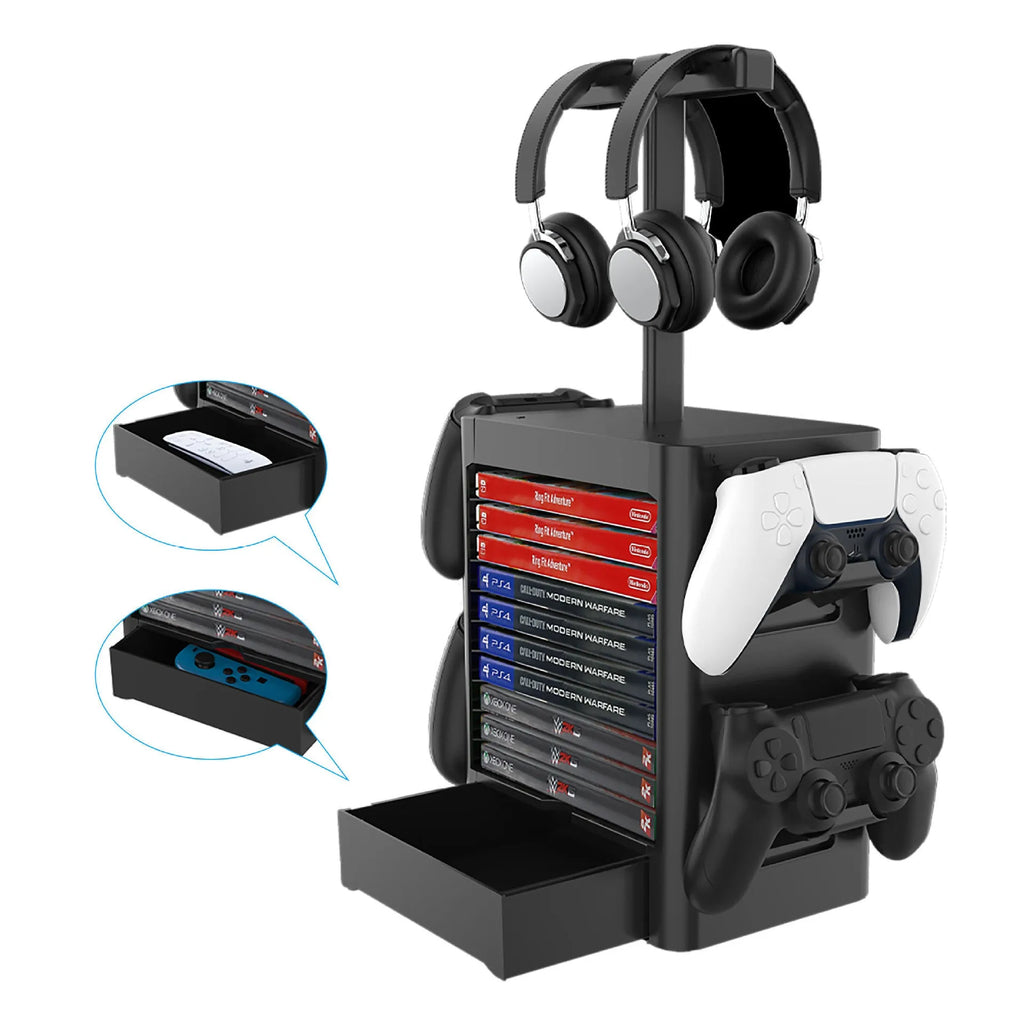 Black ABS plastic gaming accessory storage rack with hooks and a drawer for controllers and headphones
