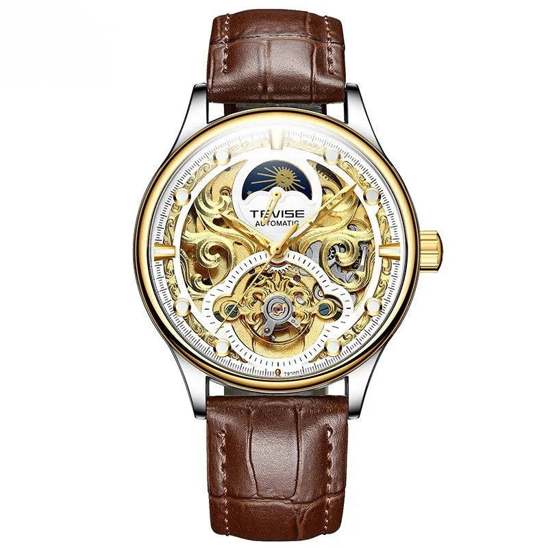 Men's gold and white leather strap waterproof automatic business watch