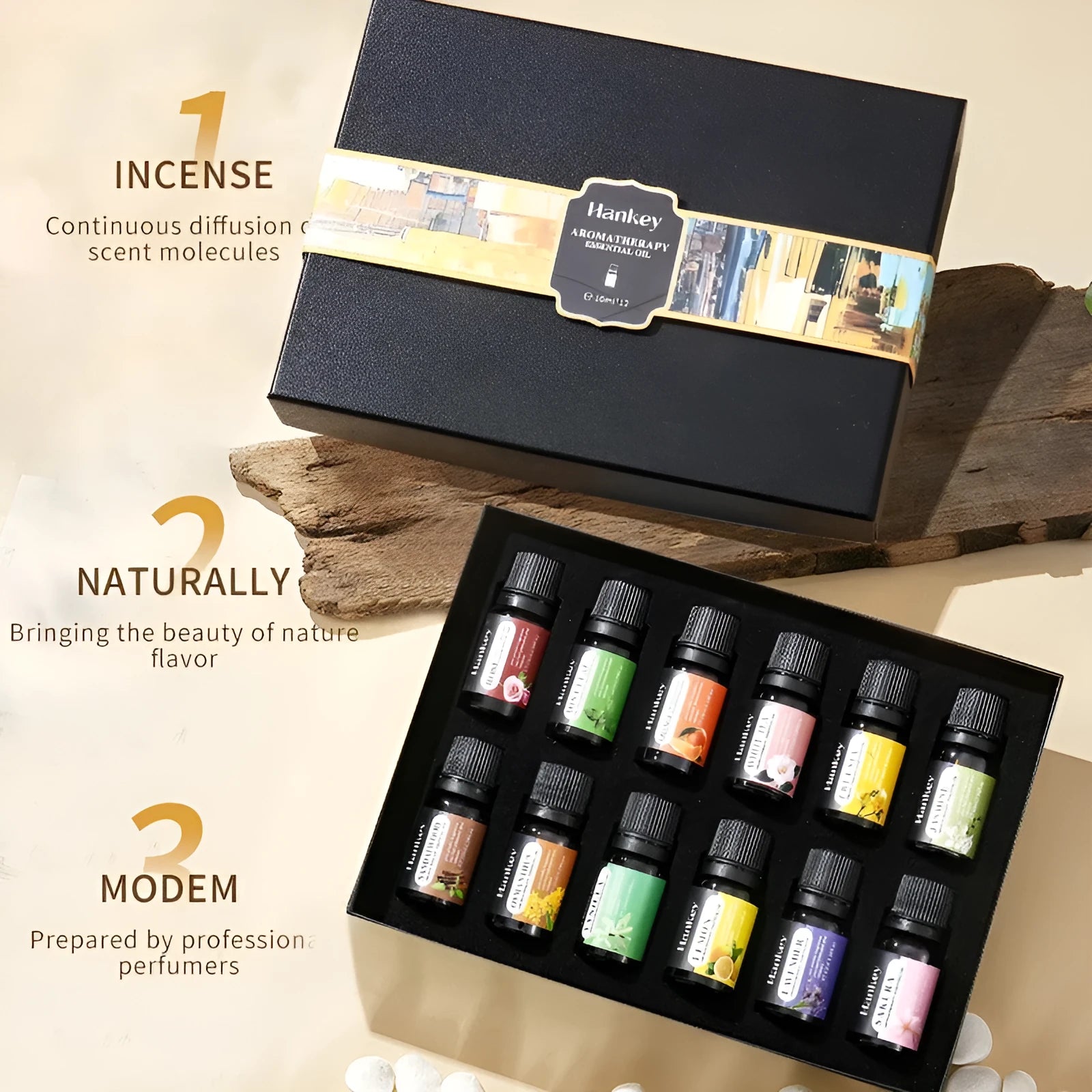 Boxed water-soluble aromatherapy essential oil set showing multiple size options
