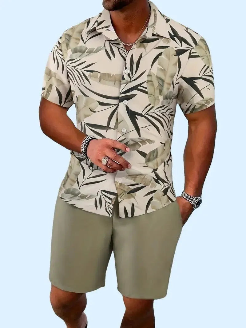 Men's 3D printed Hawaiian style short sleeve lounge suit with matching shorts on a mannequin