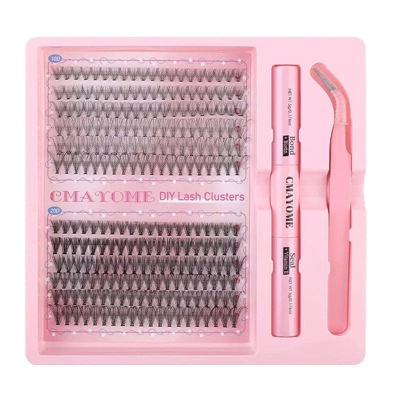 Set of DIY single cluster individual false eyelashes in natural thick mixed split type on a clear tray.