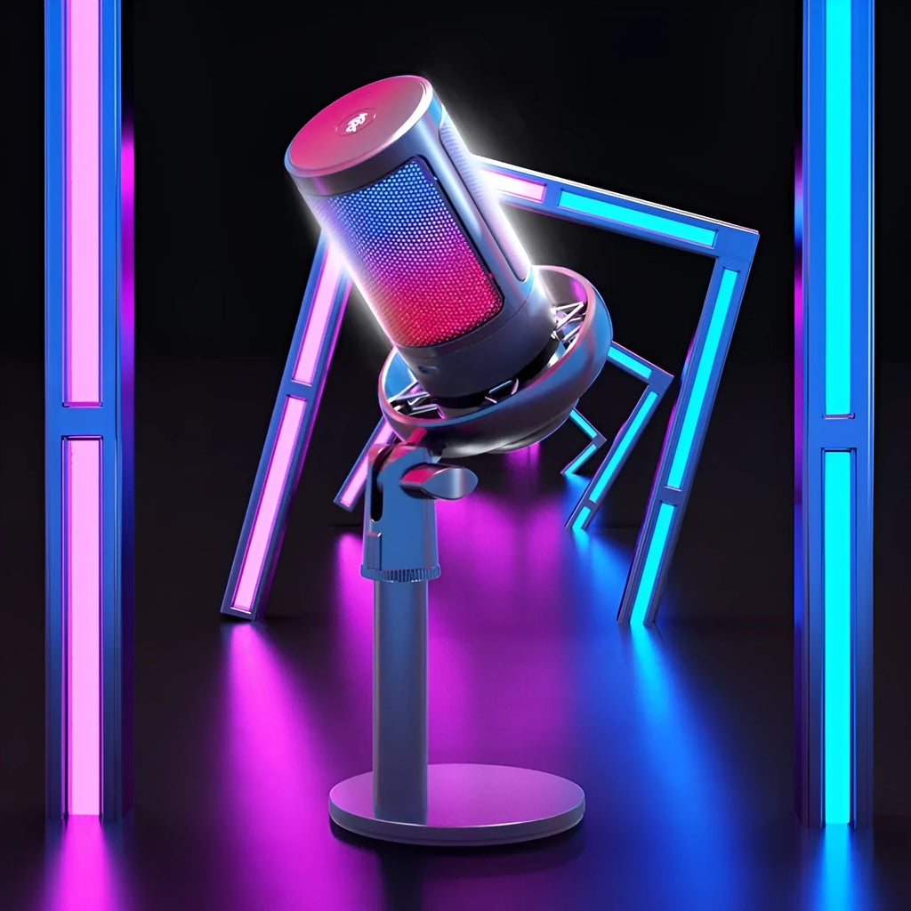 Colourful USB condenser microphone with LED lighting effects and anti-spray mesh option