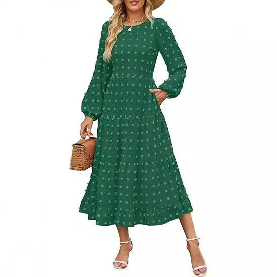 Women's autumn casual dress with ruffled long sleeves and high waist in solid colour options