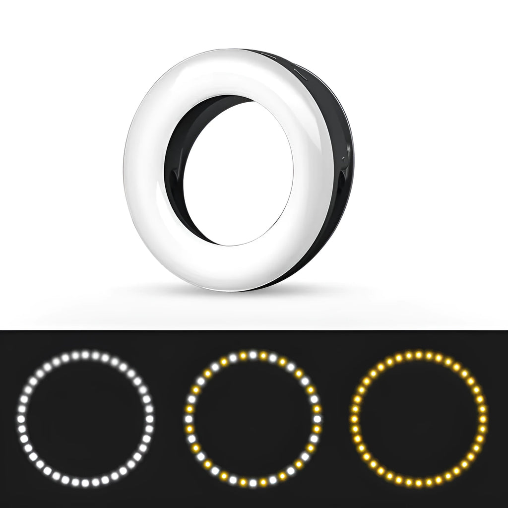 Black LED selfie ring light for mobile phones with USB cable for rechargeable photography lighting