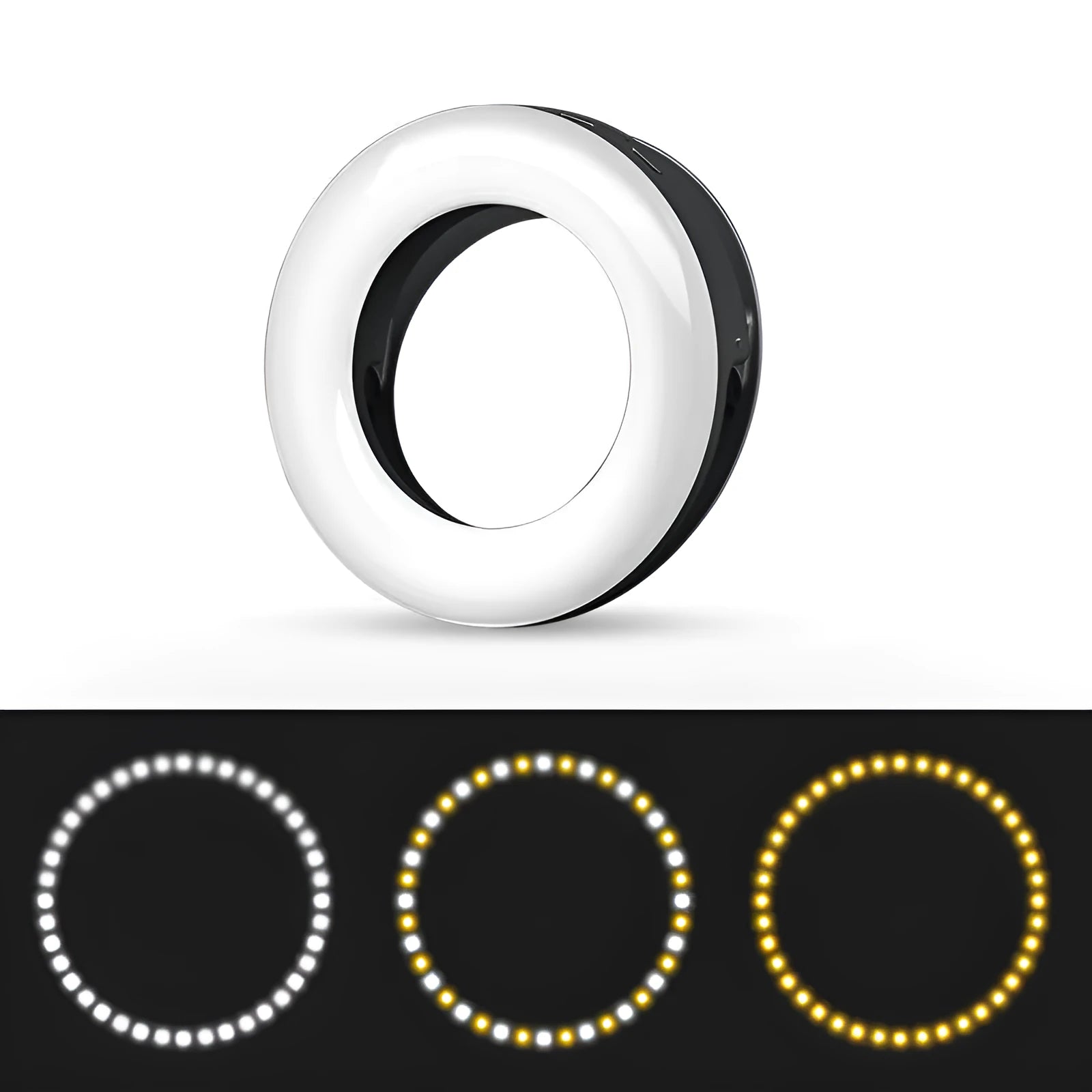 Black LED selfie ring light for mobile phones with USB cable for rechargeable photography lighting