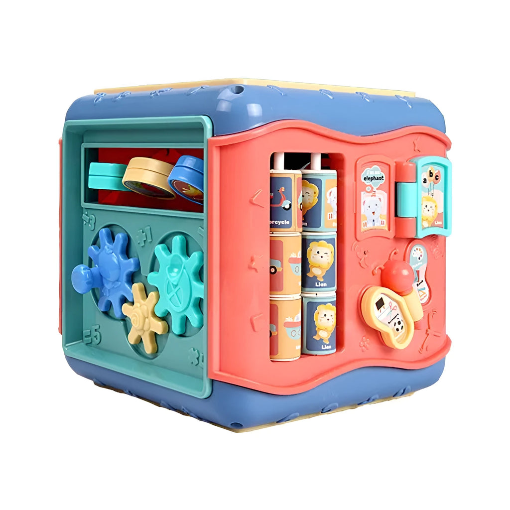 Baby hexahedron educational toy with six Montessori activity panels including bead maze and gear connections