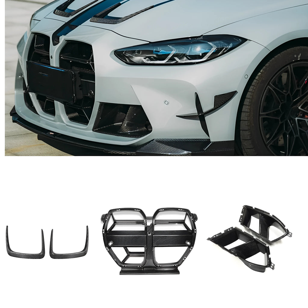 Dry carbon fibre front bumper grille for BMW M3 M4 G80 G82 models in black with 3K weave