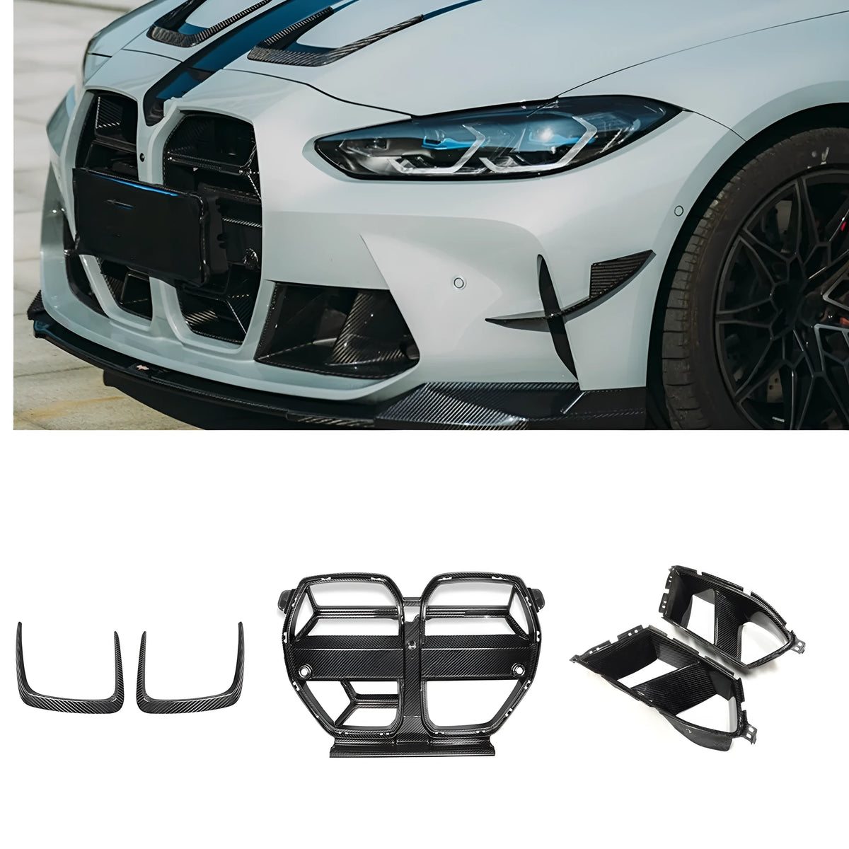 Dry carbon fibre front bumper grille for BMW M3 M4 G80 G82 models in black with 3K weave