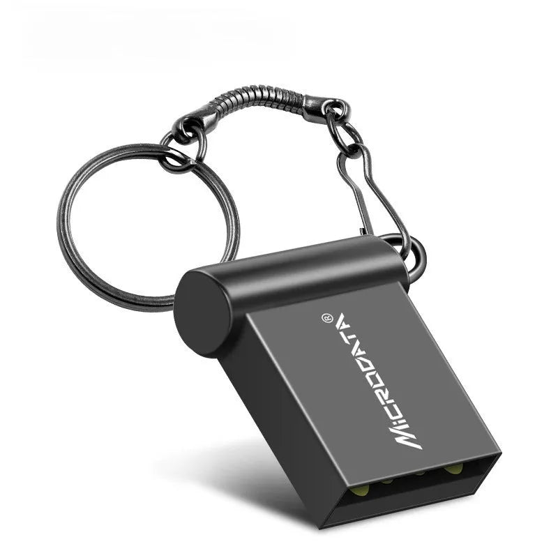 Silver metal USB flash drive on a keyring chain against a dark background