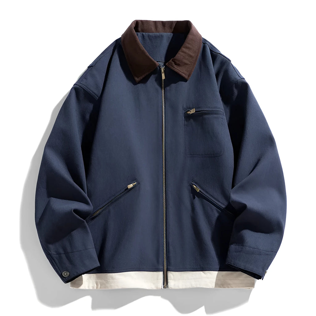 Men's Korean style loose fit jacket with contrast lapels in polyester fabric