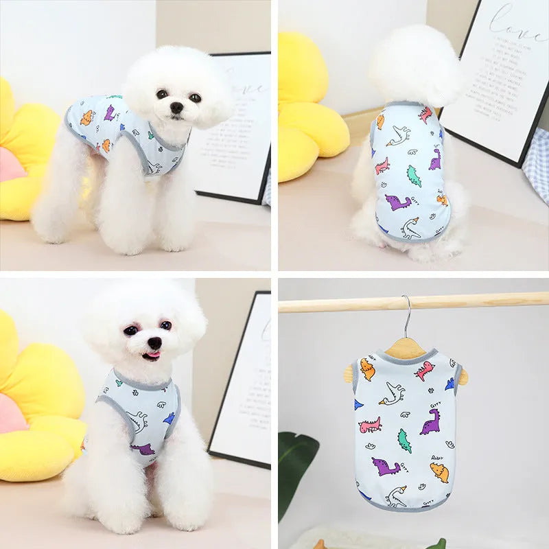 Pet clothing for dogs and cats in yellow, blue, or white, sizes S to XXL, 25% cotton 75% polyester casual spring summer outfit.