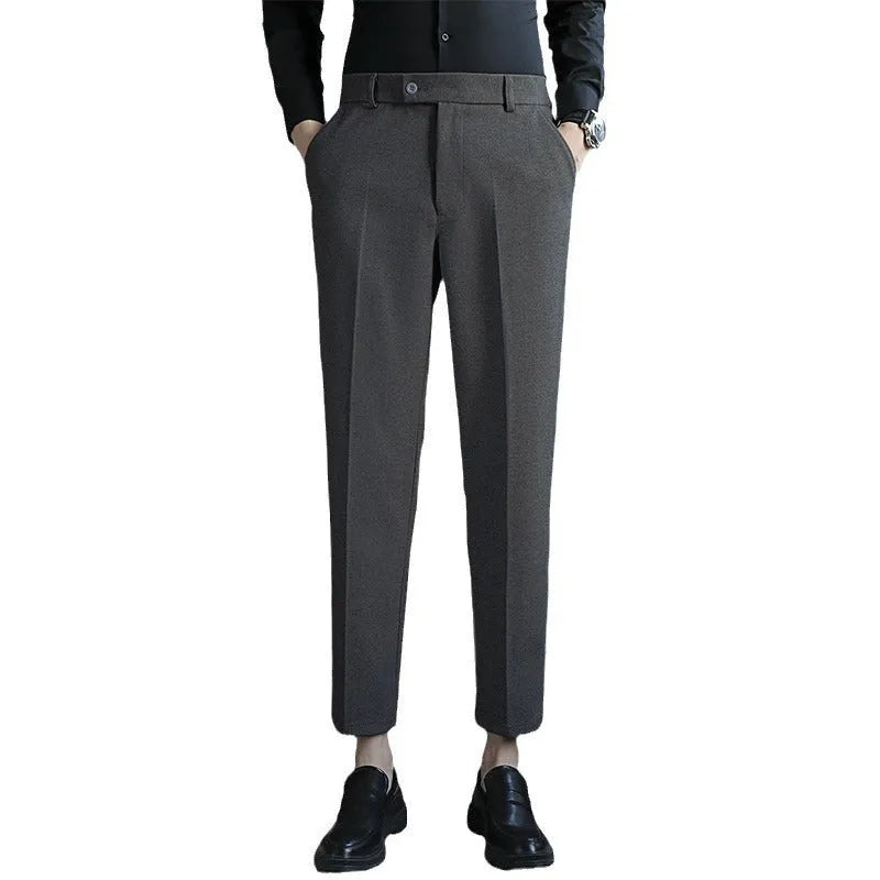 Straight fit brown corduroy trousers with elastic waistband on hanger
