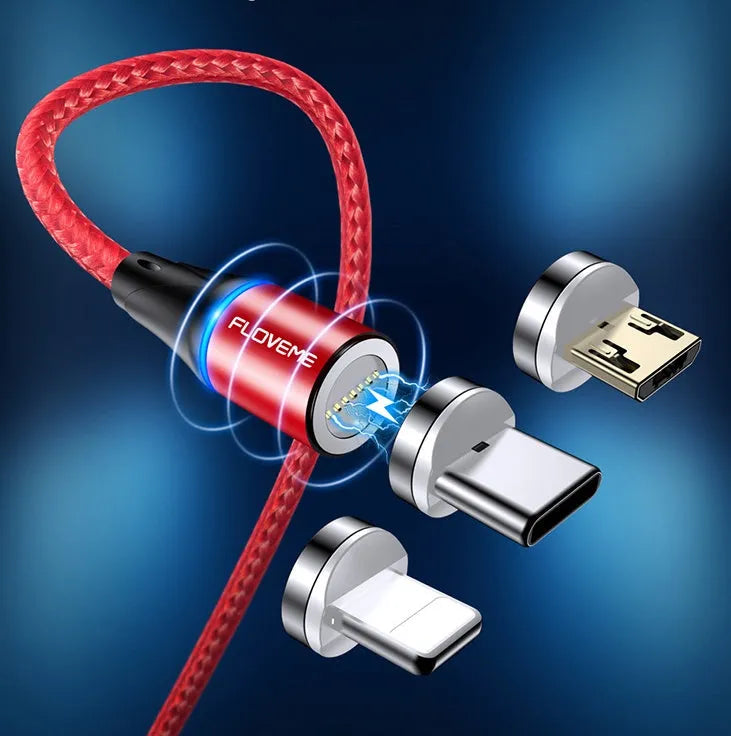 Black magnetic fast charge data cable with LED side lights and Type-C connector