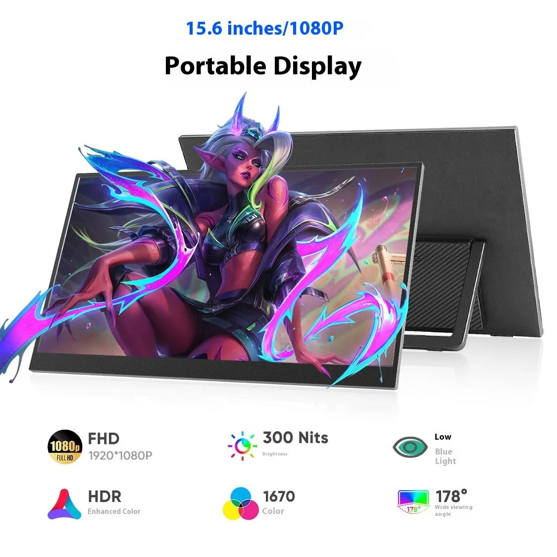 Black 15.6-inch portable monitor with adjustable stand on desk