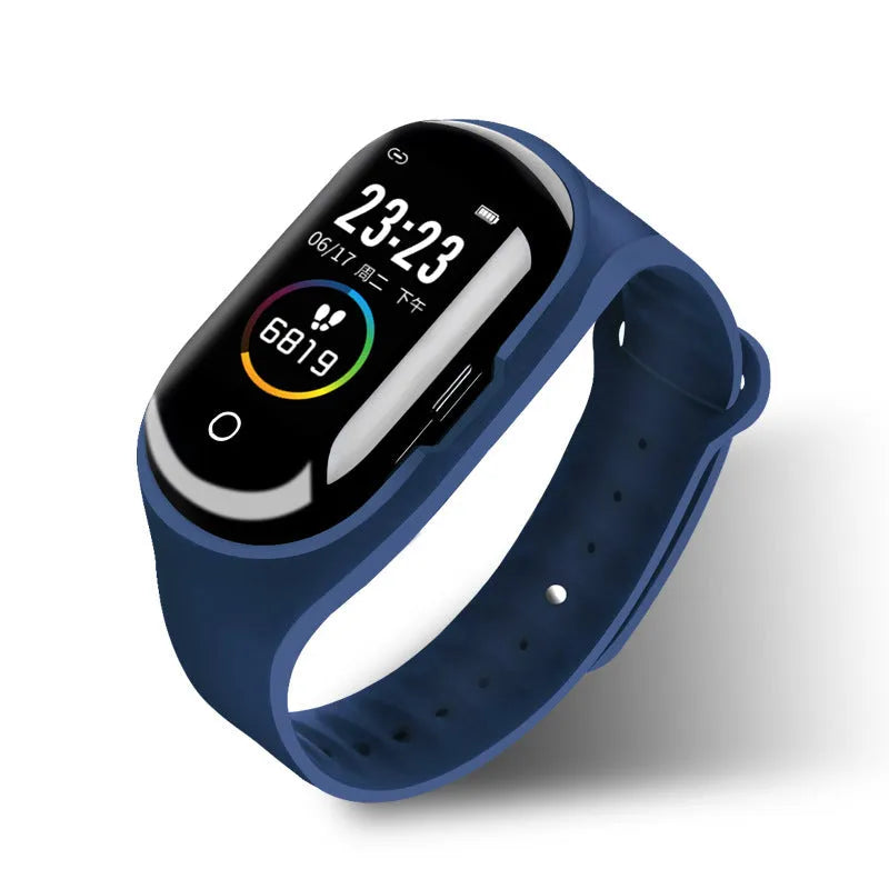 Smart bracelet earphone combo in silicone wristband with 1-inch screen, shown in black, blue, and red.