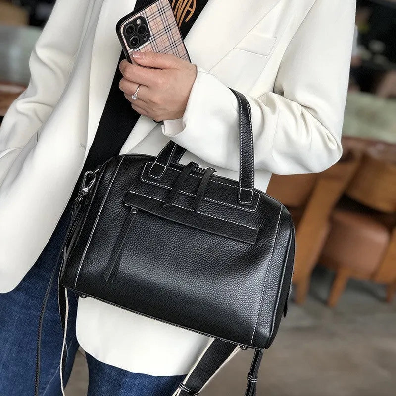 Genuine leather Boston lychee pattern messenger bag in horizontal square shape with shoulder straps