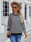 Black long sleeve polyester sweater with striped plaid print pattern
