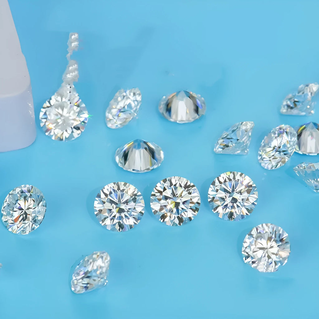 Round moissanite gemstone with eight hearts and eight arrows cut on a white background.