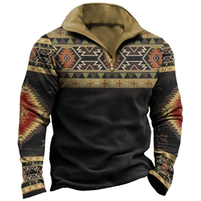 Men's loose fit long sleeve T-shirt with retro colour printing and zip details on striped fabric