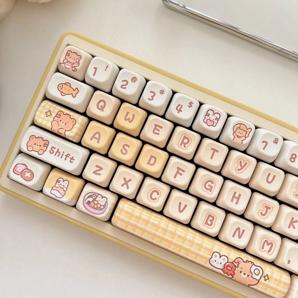 140 plastic PBT keycaps with Rabbit Bear Restaurant design in EOA height profile for mechanical keyboards.