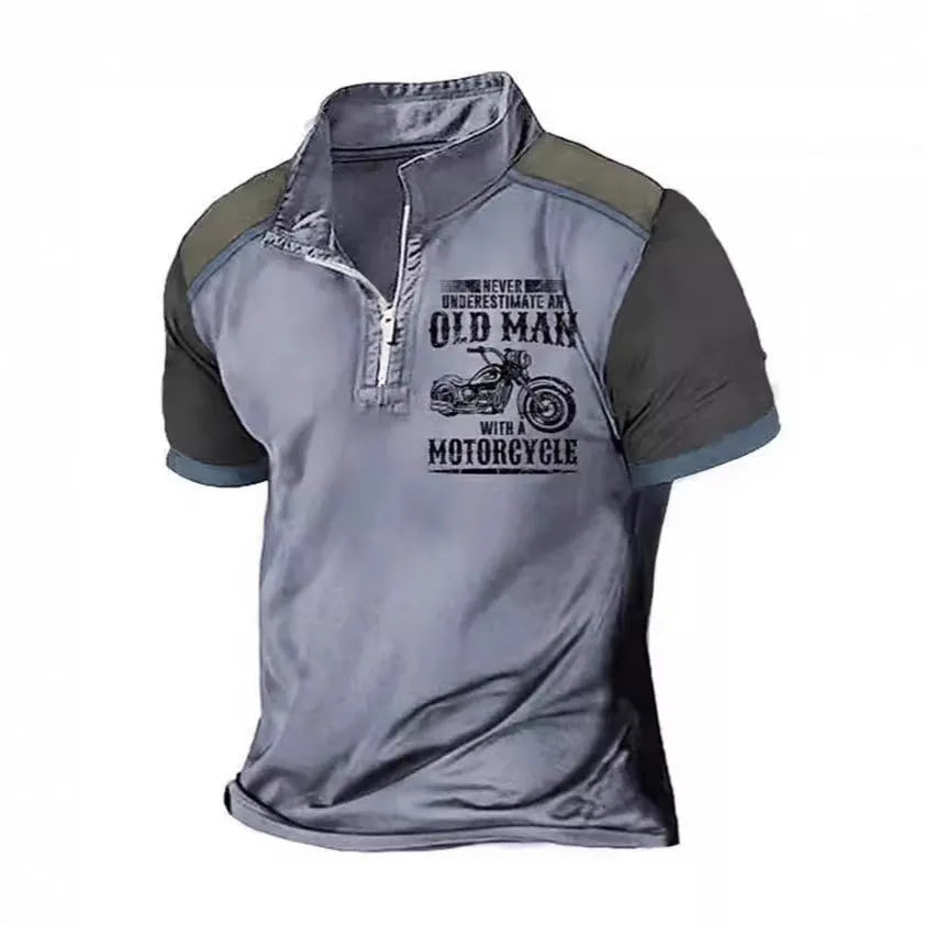 Men's lapel collar polo shirt with digital letter pattern print and zip decorations