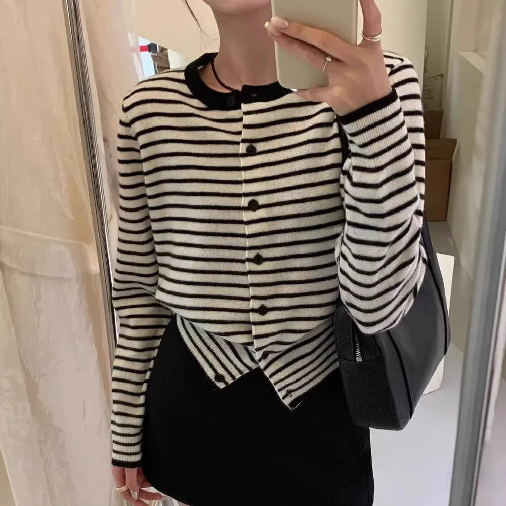 Women's dark grey and white striped cardigan with French styling, 40cm length slim fit design