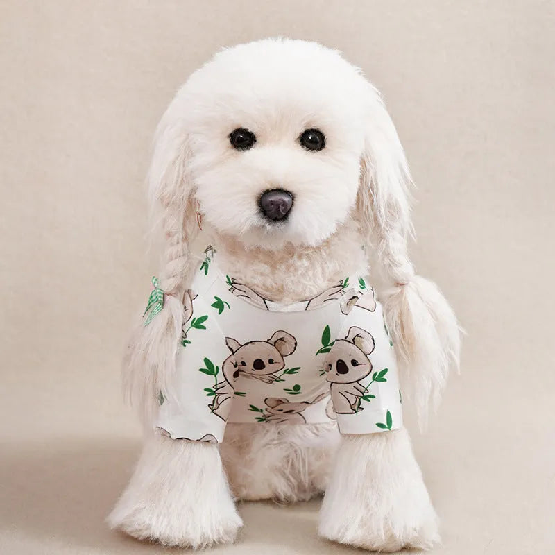 Full printed polyester dog t-shirt for small breeds with sizing chart showing measurements for S to XXL sizes
