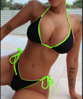 Women's lace-up triangle bikini top with split bottoms in various colours and styles.