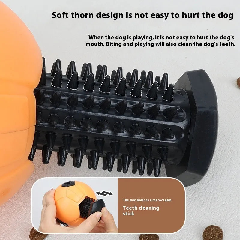 Orange and white TPR dog toy ball for chewing, showing hollow and tooth cleaning stick styles.