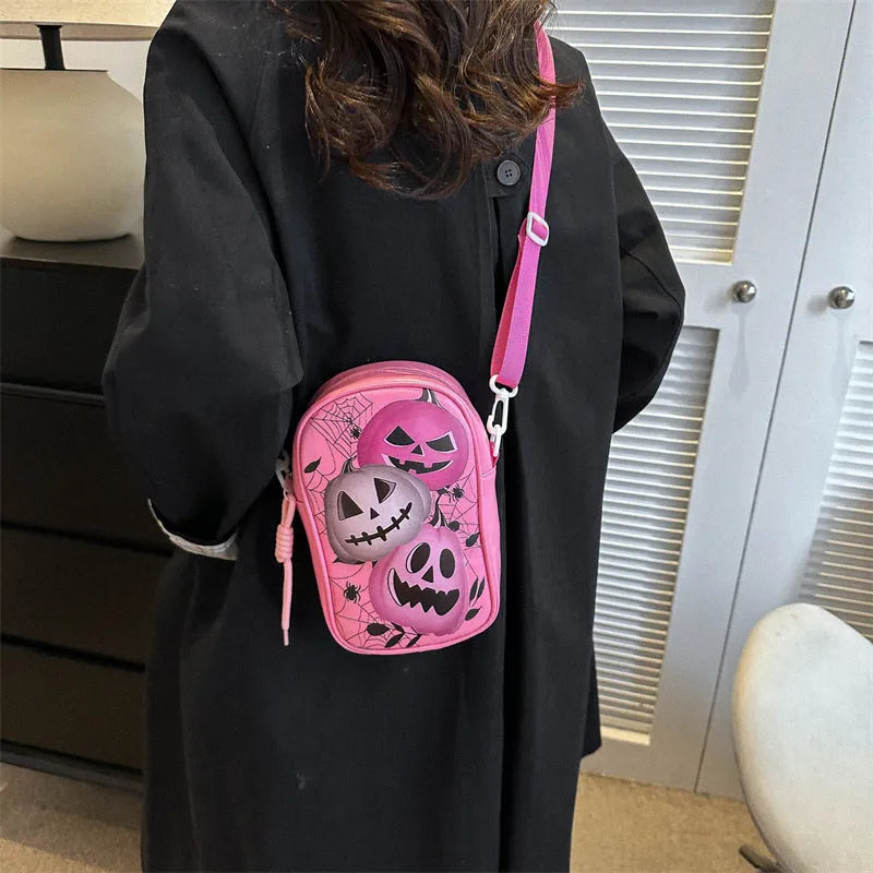 Halloween graffiti crossbody bag with pumpkin ghost bat print on black PU leather