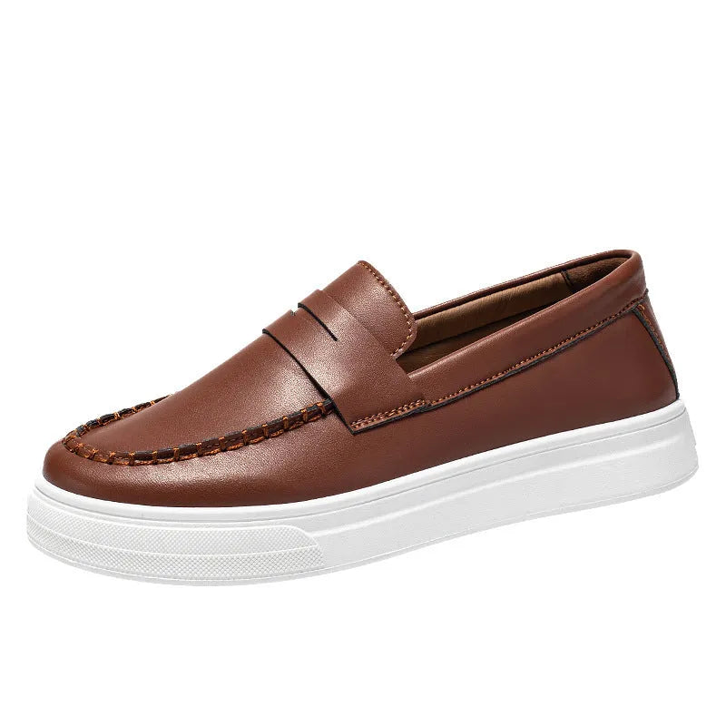 Men's casual PU leather slip-on loafer in British style with round toe, shown in khaki colour.