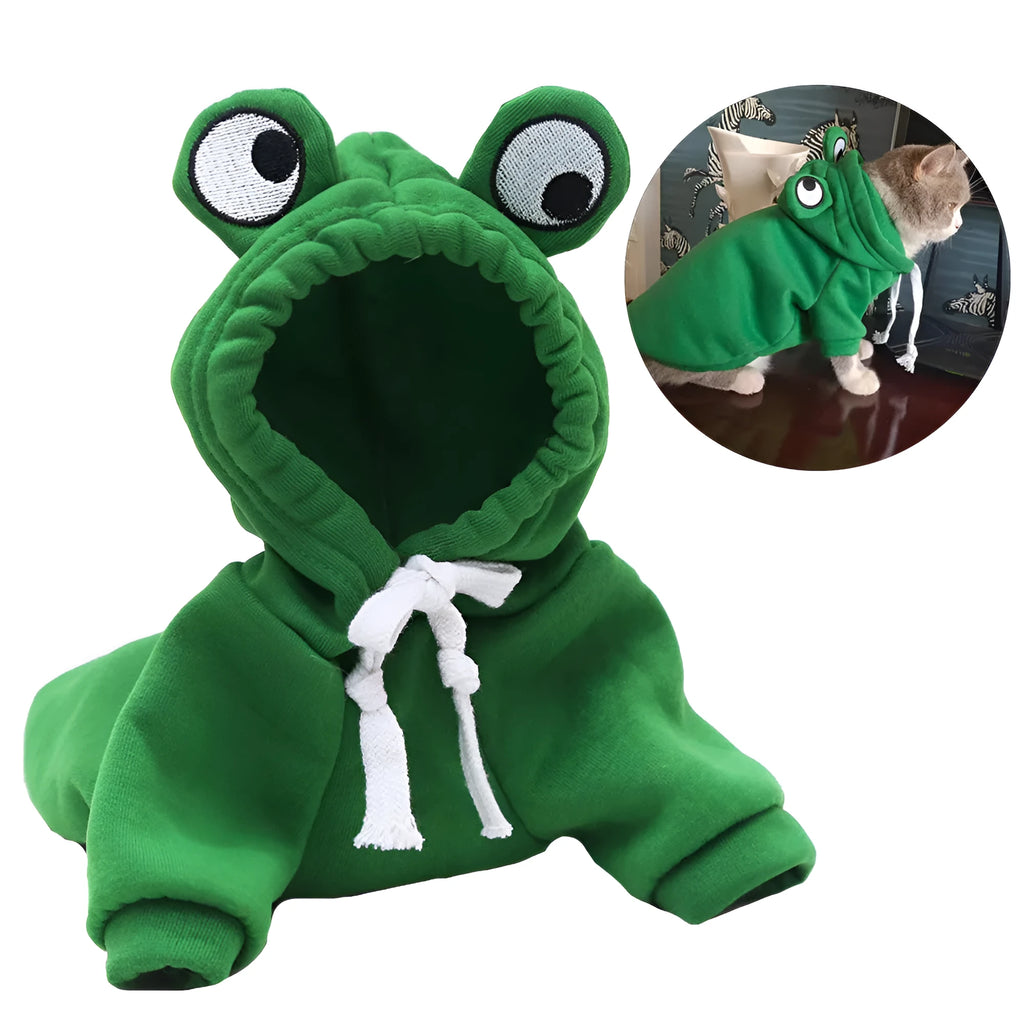 Green frog costume hoodie on a small dog, showing the four-leg design and hood.